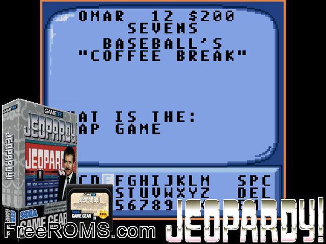 Jeopardy! Game Gear game showing 3D box cover and gameplay screenshot